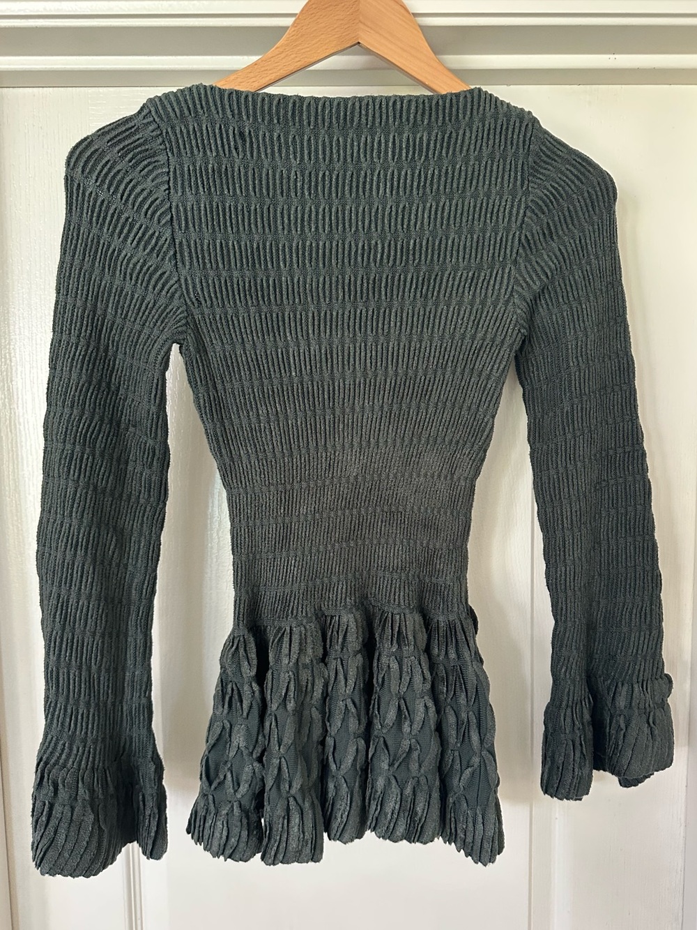 ALAÏA Crinoline Knit Long-Sleeve Peplum Mini Dress in Dark Green Wool Blend 38